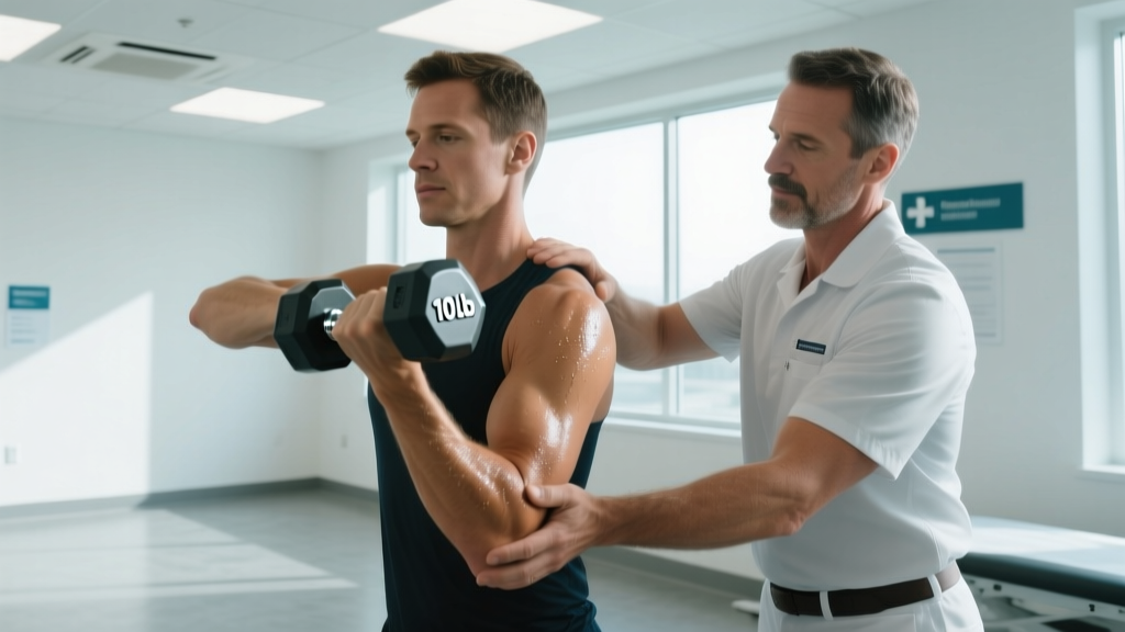 Physical therapist guiding a patient through shoulder rehab using a lightweight 10lb McGregor dumbbell in a bright clinical setting