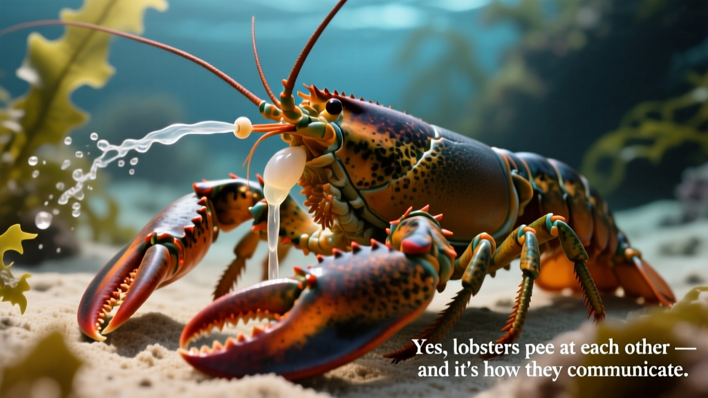 Close-up illustration of a lobster releasing urine streams from nozzles near its antennae