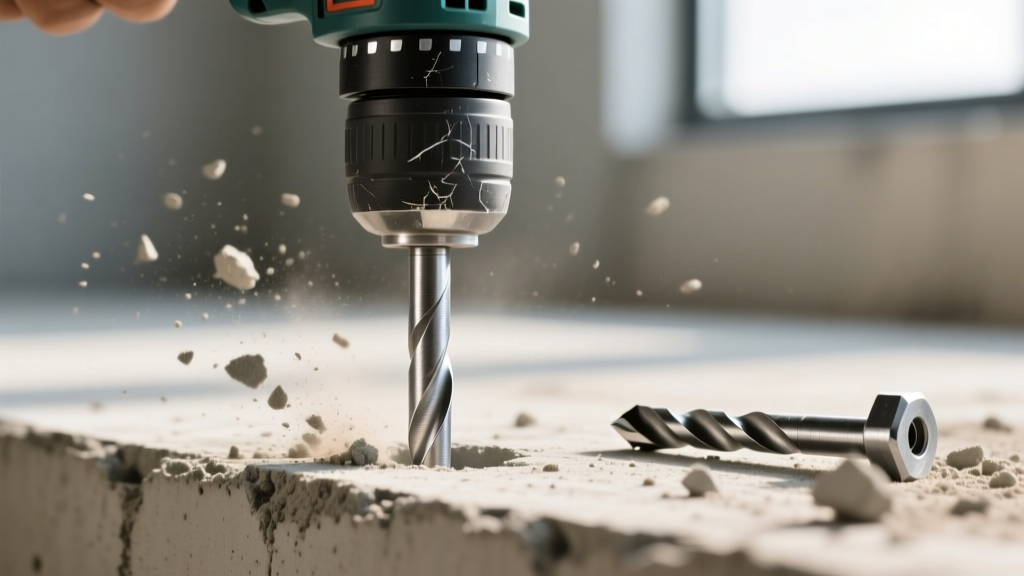 Close-up of galvanized steel wedge anchor driven into a drilled concrete slab with a rotary hammer drill and masonry bit nearby