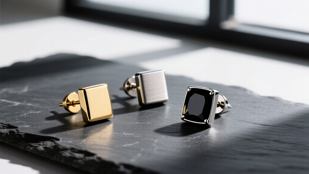 Overhead flat-lay of three small mens stud earrings in 14k gold, titanium, and black onyx, arranged on a dark slate surface.