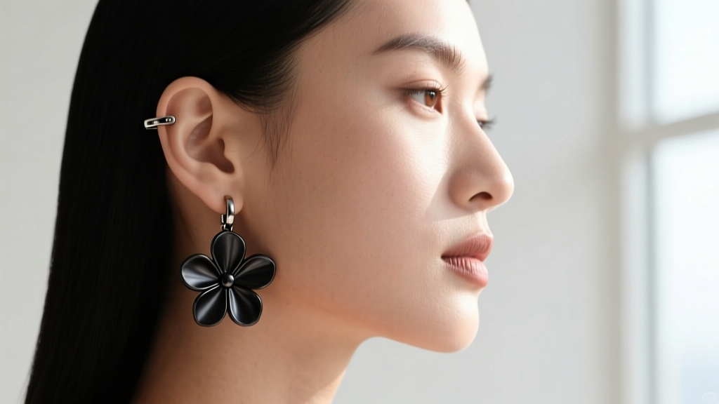 Side profile of a model wearing lightweight black PVD titanium floral huggie earrings, emphasizing seamless hinge and dark finish.
