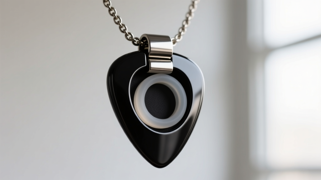 Close-up of a magnetic closure on a black steel guitar pick case necklace, revealing the hidden internal silicone O-ring seal.