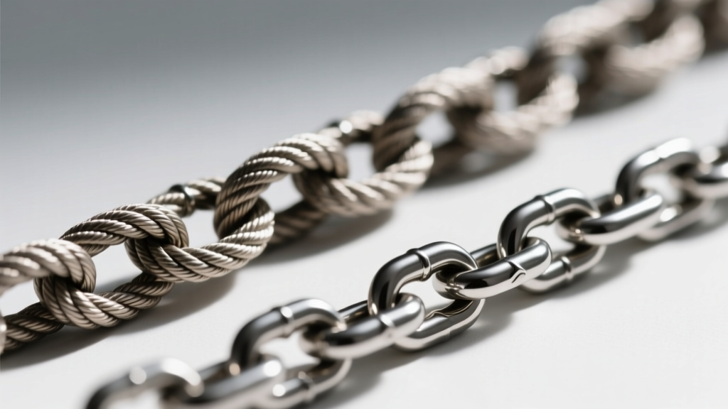 Macro shot of a brushed titanium rope chain beside a steel curb chain, highlighting contrasting metal textures and link structures