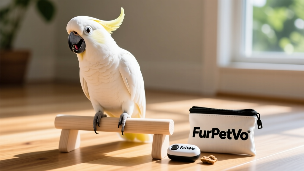 Happy cockatoo perched beside a FurPetVo-branded training clicker and treat pouch on a clean wooden perch