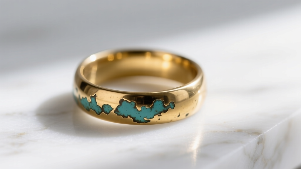 Tarnished gold-plated brass ring on white marble, showing base metal discoloration under soft, warm, natural window lighting.