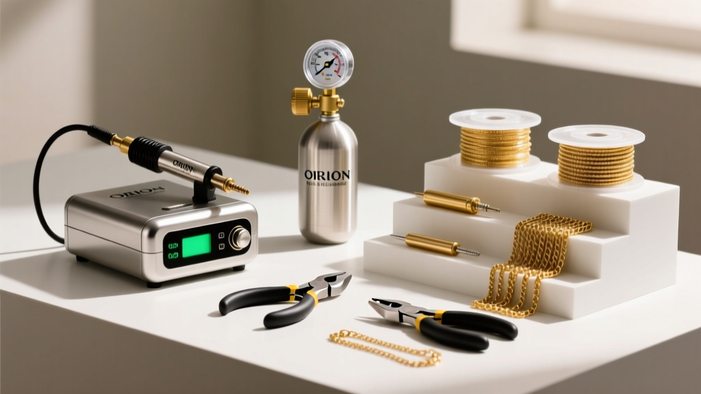 Portable permanent jewelry pop-up kit featuring an Orion pulse welder, small argon gas tank, flush cutters, and gold chain spools