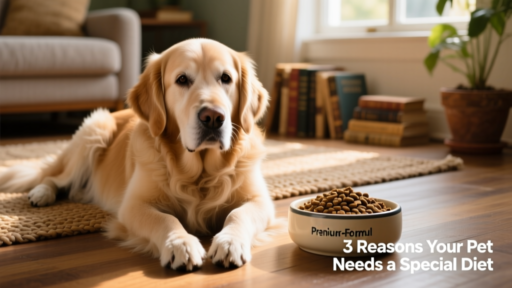 Senior golden retriever resting comfortably beside a bowl of senior-formula dry dog food