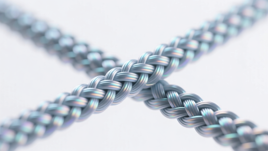 Macro shot of woven PET lanyard cord showing tubular textile structure and subtle reflective sheen under bright studio lighting