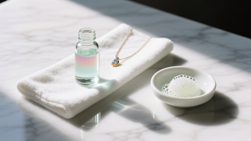 Flat lay of a jewelry cleaning kit with a microfiber cloth, mild soap, and resin-safe polishing solution arranged on marble.
