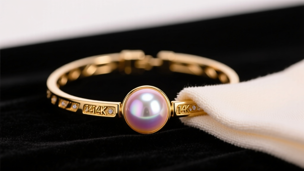 14k gold and pearl bracelet wiped with a treated cloth, warm ambient lighting, sharp focus on the iridescent pearl surface.