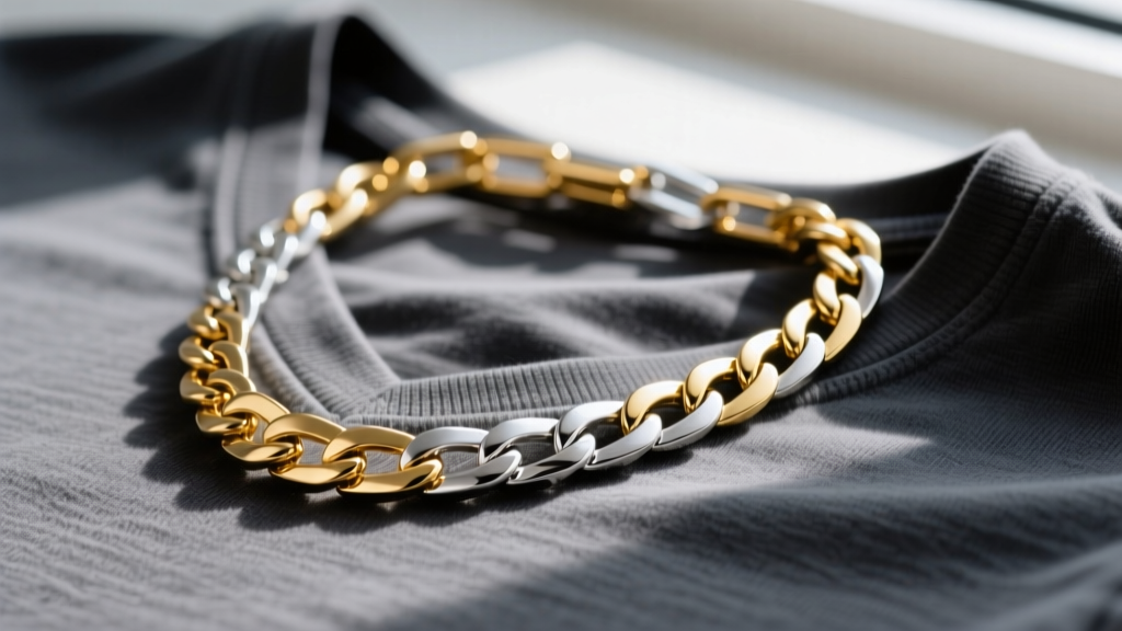 Macro shot of a two-tone 18k gold and silver box chain resting on a dark grey v-neck t-shirt, highlighting the mixed metal links.