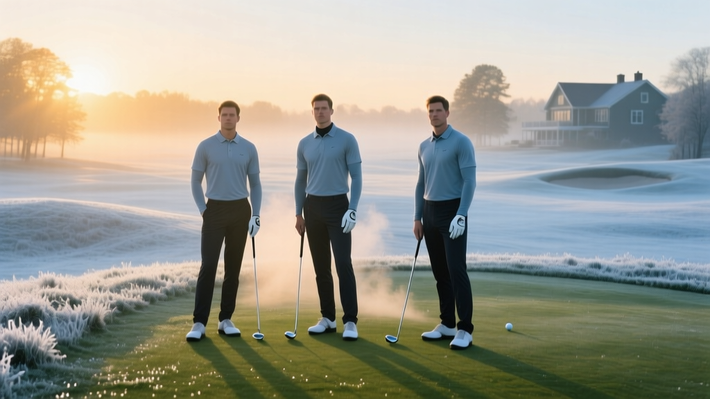 Golfers wearing lightweight heated base layers under polo shirts while standing on a frost-covered first tee at sunrise.