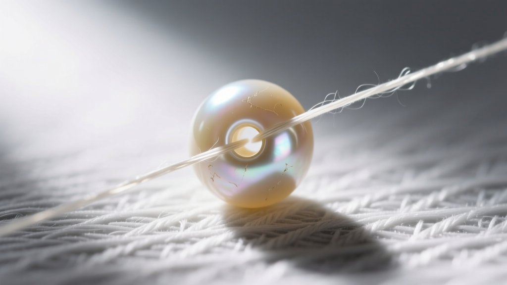 Macro shot of clear 0.8mm elastic thread passing through the hole of a single vintage faux pearl bead resting on a gray craft mat.
