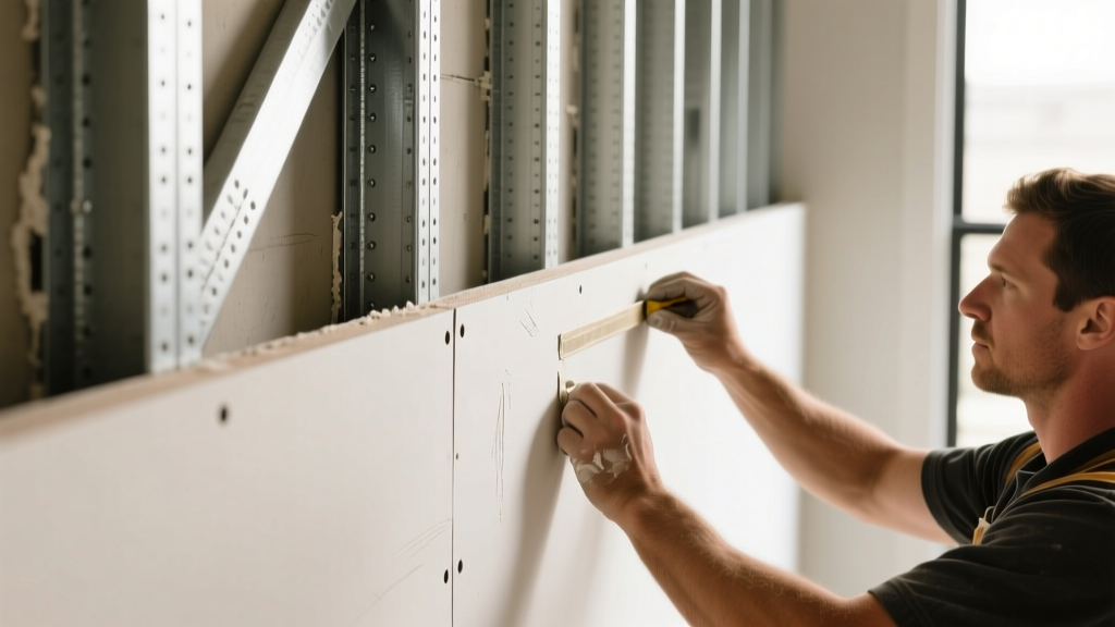 Close-up of a contractor installing 1/4-inch flexible gypsum board along a curved interior partition wall with steel framing