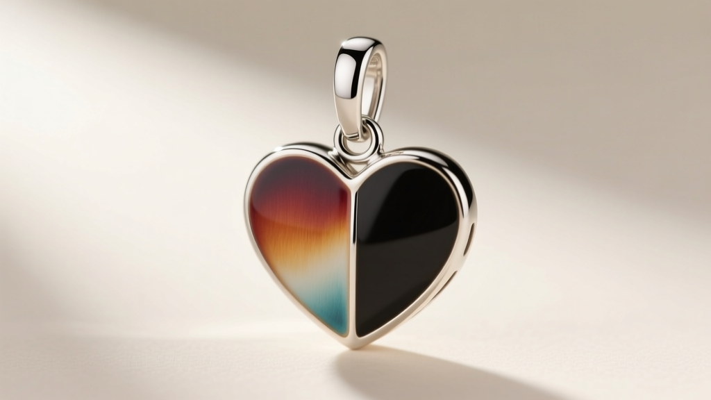 Macro close-up of a reversible heart pendant bail, highlighting the sterling silver jump ring and smooth enamel edge transition