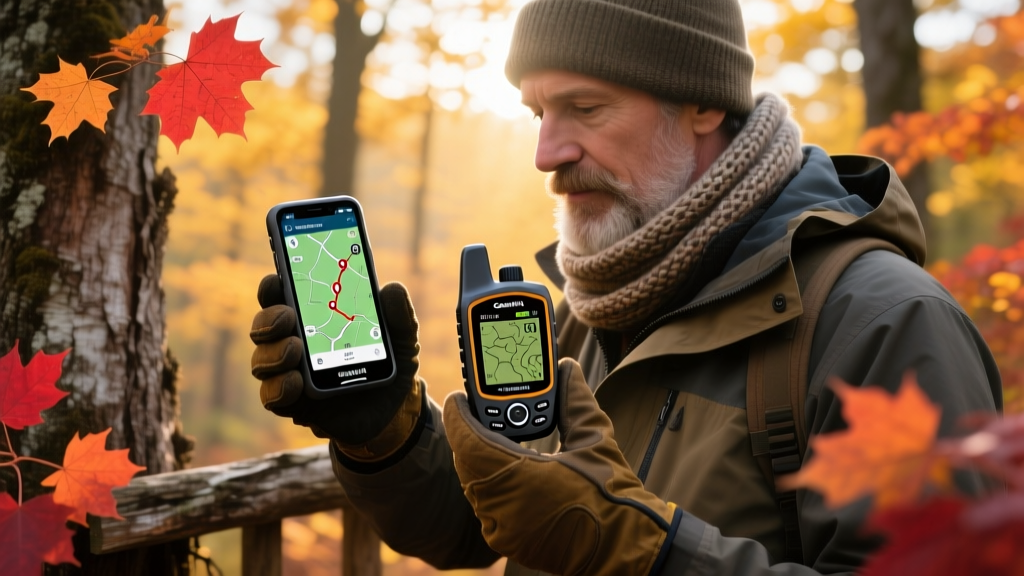Hunter in tree stand comparing a rugged smartphone GPS app to a dedicated Garmin GPSMAP handheld device in autumn forest