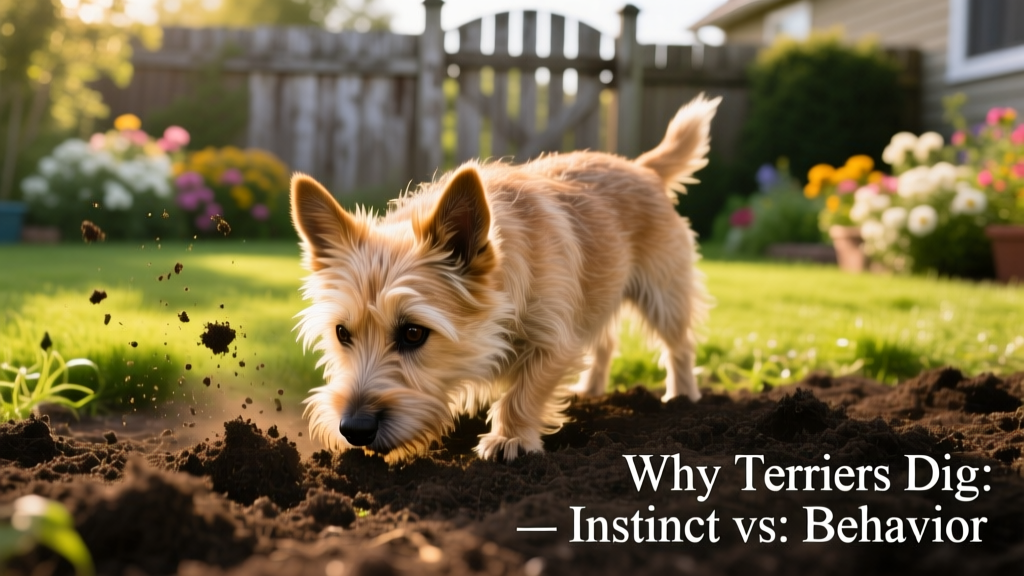 A Cairn Terrier intently sniffing near freshly dug soil in a backyard garden