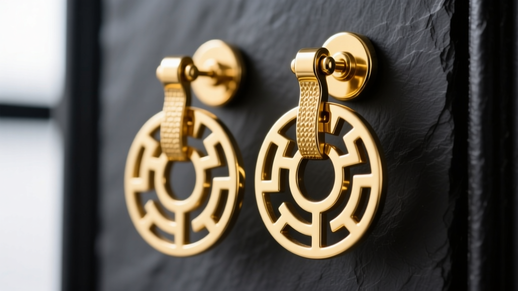 Macro shot of 14k gold labyrinth door knocker earrings showing intricate maze cutouts and a heavy-duty saddle hinge on dark slate