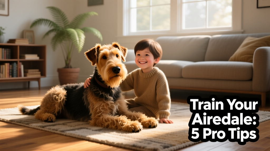 An adult Airedale Terrier resting peacefully beside a child on a sunlit living room rug, both smiling