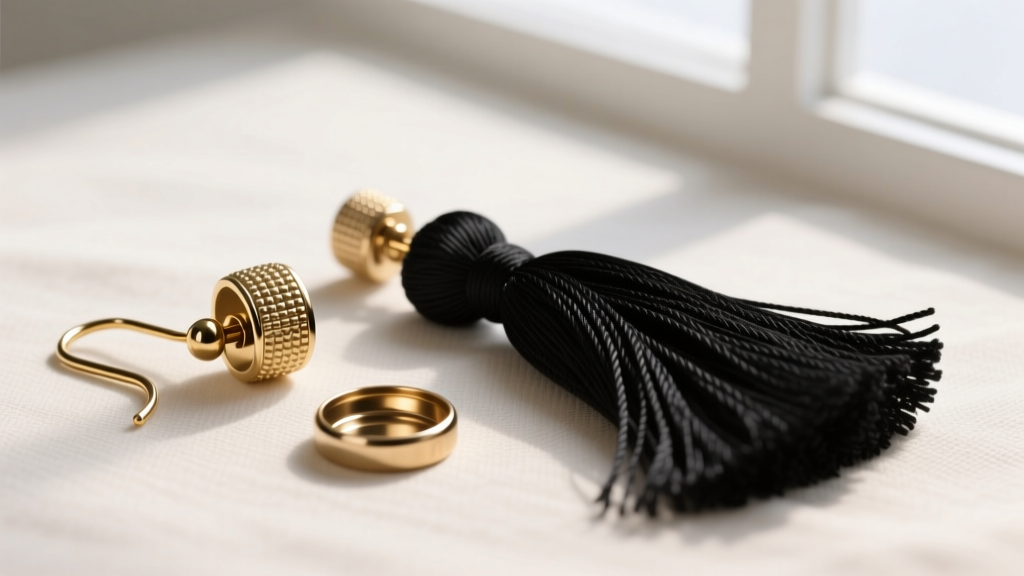 Flat lay of disassembled black rayon tassel earring components showing a 20-gauge gold-filled ear wire and textured brass cap