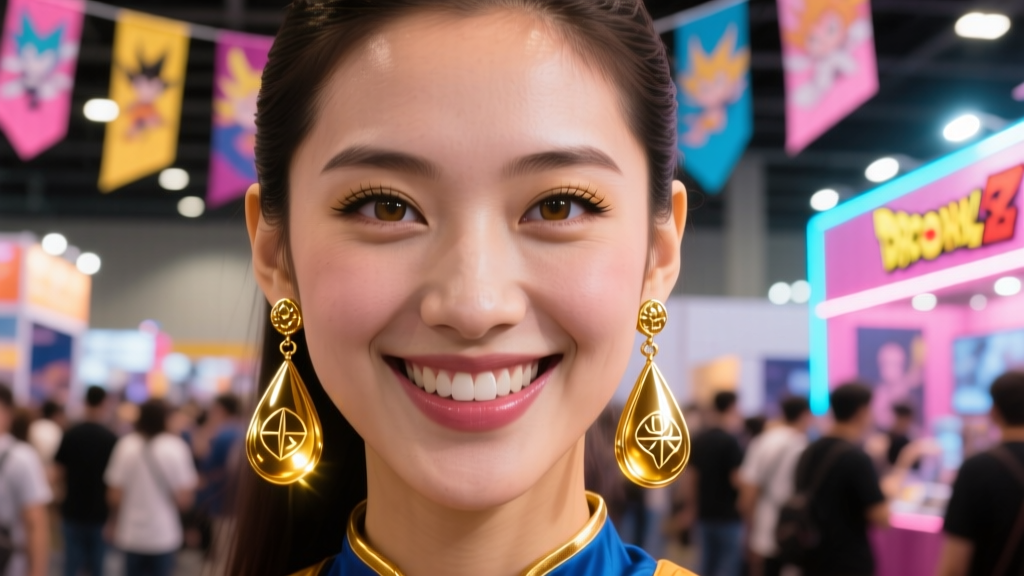 Close-up of a cosplayer wearing gold teardrop Potara dangle earrings, standing in a vibrant convention hall with soft lighting.