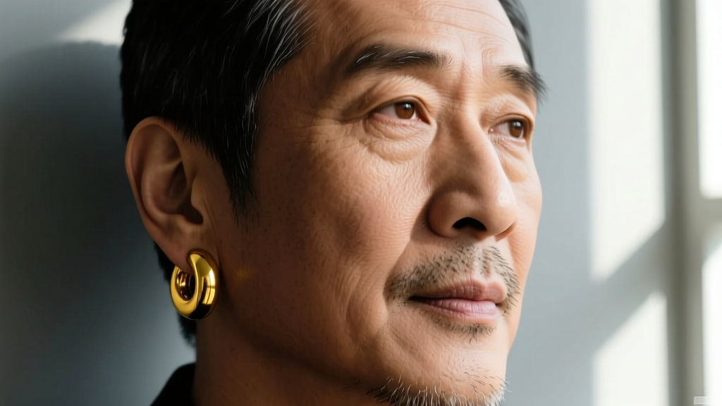 Close-up portrait of a man wearing a single thick 14k yellow gold hoop earring in the left earlobe, cinematic natural lighting
