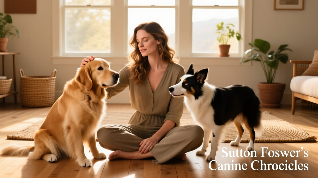 Emily sitting cross-legged on the floor, gently patting Mabel’s head while Brody leans in eagerly beside them