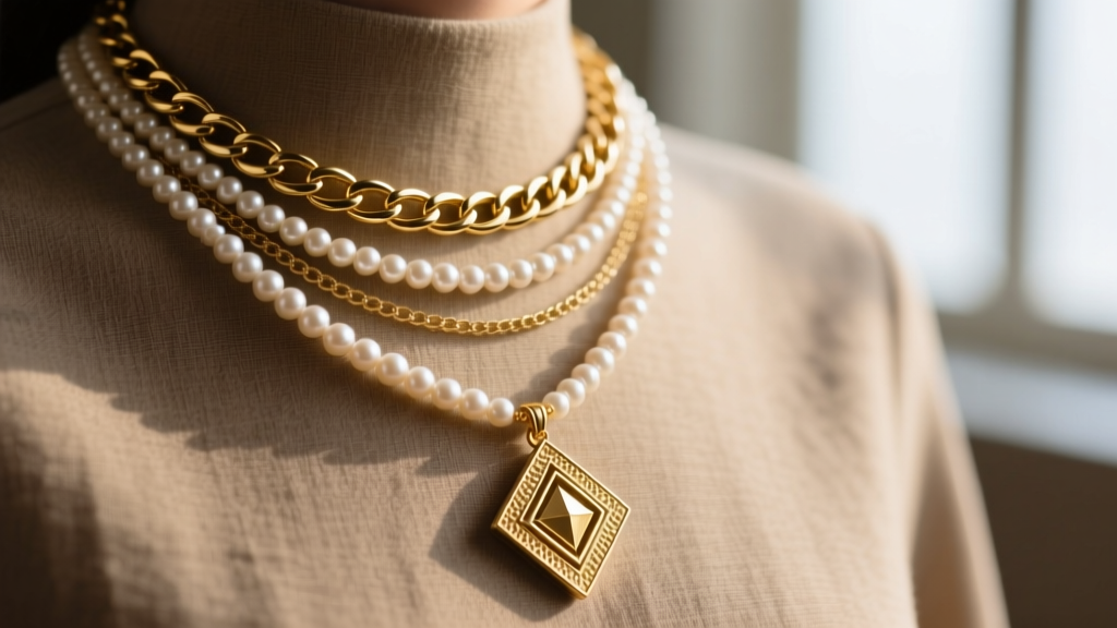 Close-up of a layered necklace stack featuring a 16-inch gold chain, an 18-inch pearl strand, and a 22-inch pendant on linen