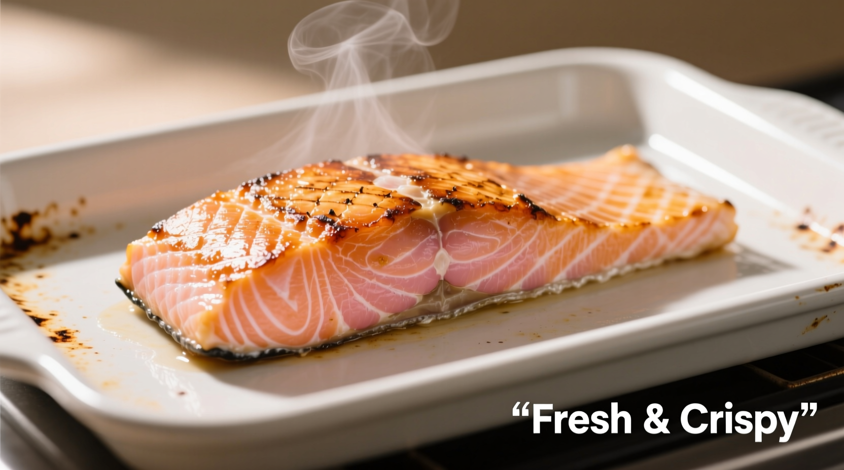 Perfectly cooked salmon fillet with crispy skin on baking sheet