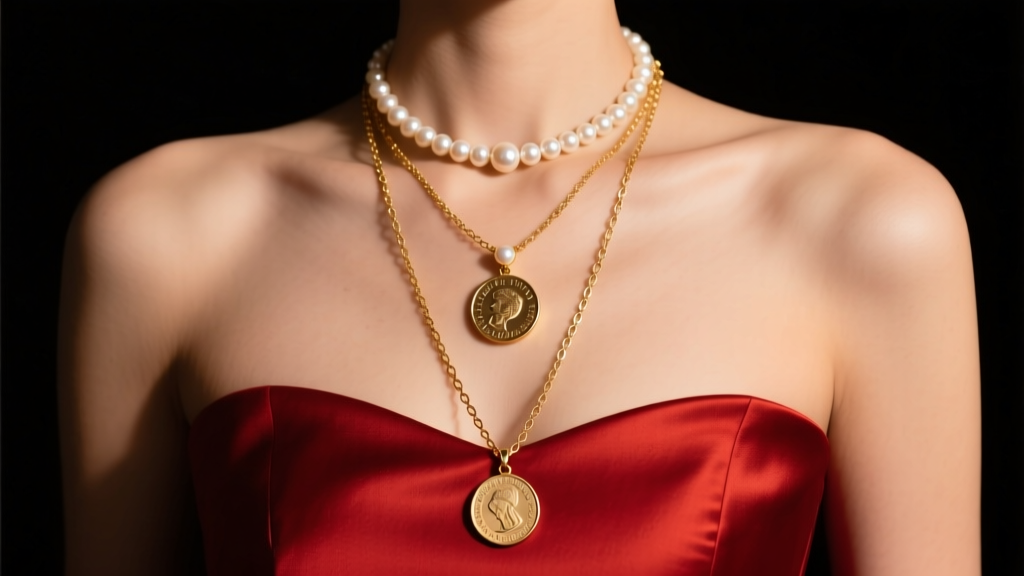Gold necklaces with a pearl choker, coin pendant, and lariat draped over a red strapless cocktail dress in warm studio lighting