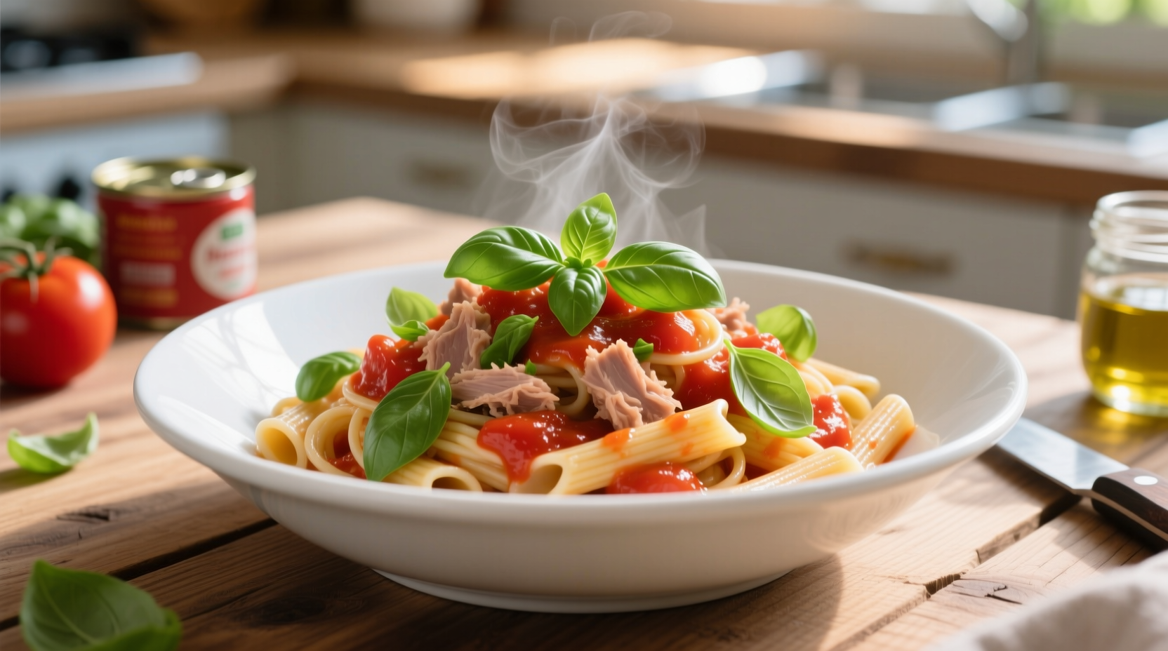 Tuna tomato pasta in white bowl with fresh basil