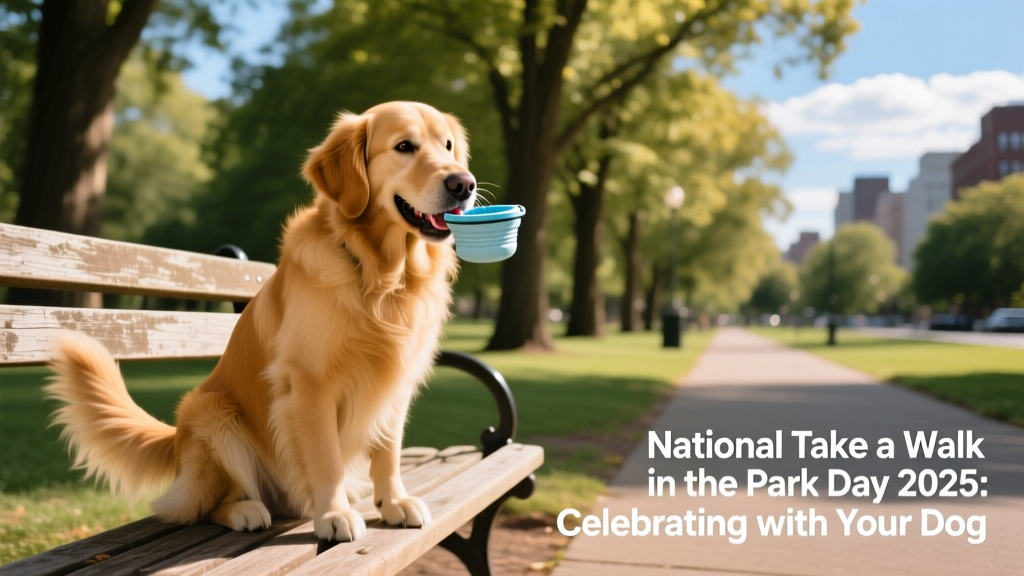 A golden retriever happily drinking from a collapsible water bowl while sitting beside a park bench, with trees and a sunny sky in the background