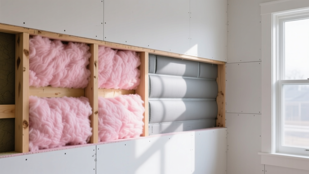 Cross-section of a residential wall cavity displaying pink fiberglass batts, rigid polyiso foam sheathing, and interior drywall layers