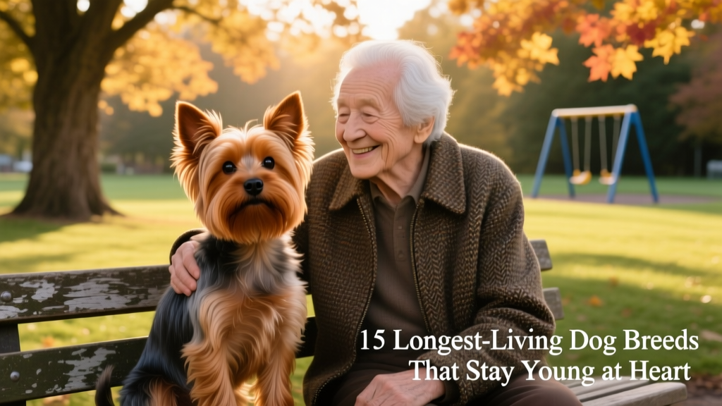 A well-groomed Yorkshire Terrier sitting attentively beside its owner on a park bench