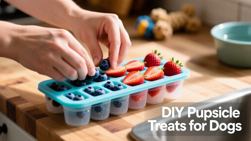 Close-up of hands assembling a pupsicle: adding blueberries and strawberry slices to a mold before freezing