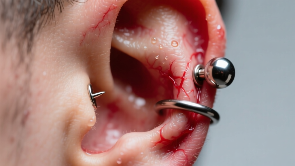 Macro view of irritated ear cartilage around a 14g captive bead ring in an industrial hole showing redness under clinical lighting.