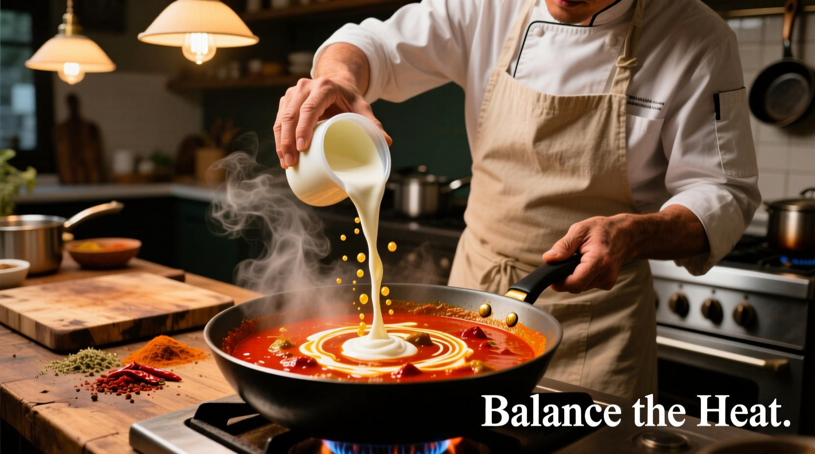 Chef adding yogurt to spicy curry to reduce heat