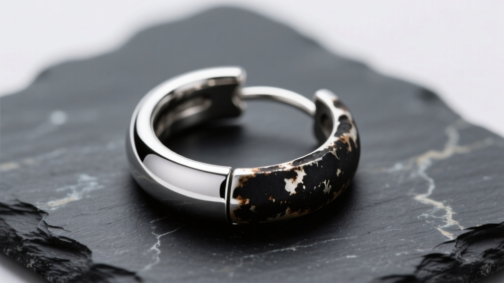Macro view of a 925 sterling silver hoop earring, half tarnished black and half polished, on dark slate under soft studio light.