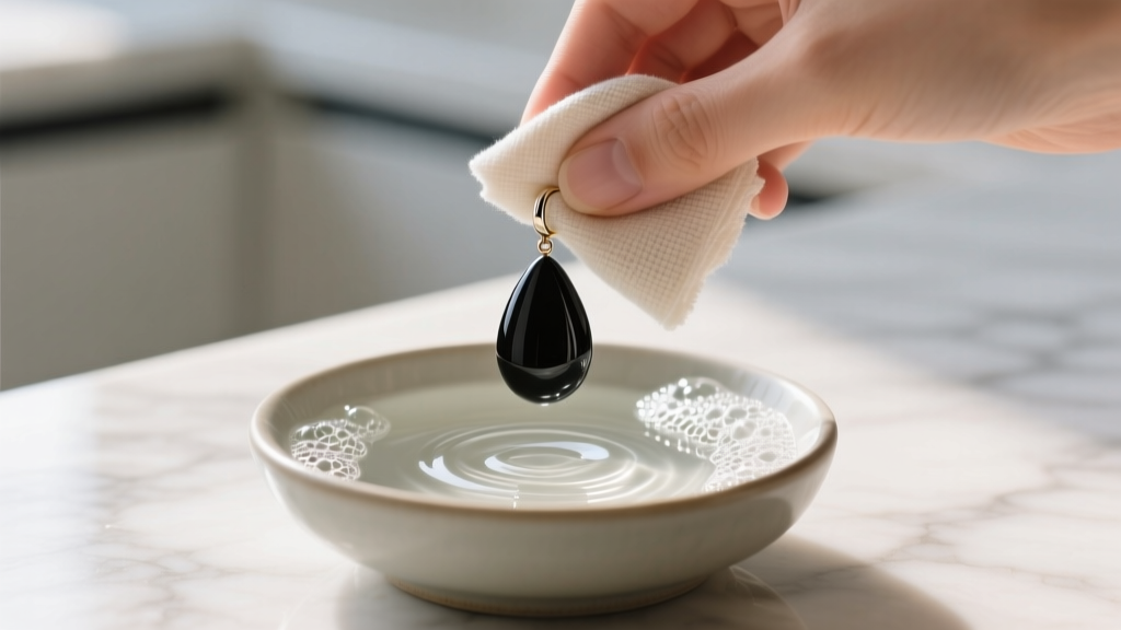 Hands gently wiping a black onyx teardrop earring with a microfiber cloth over a ceramic bowl of soapy water in bright daylight.