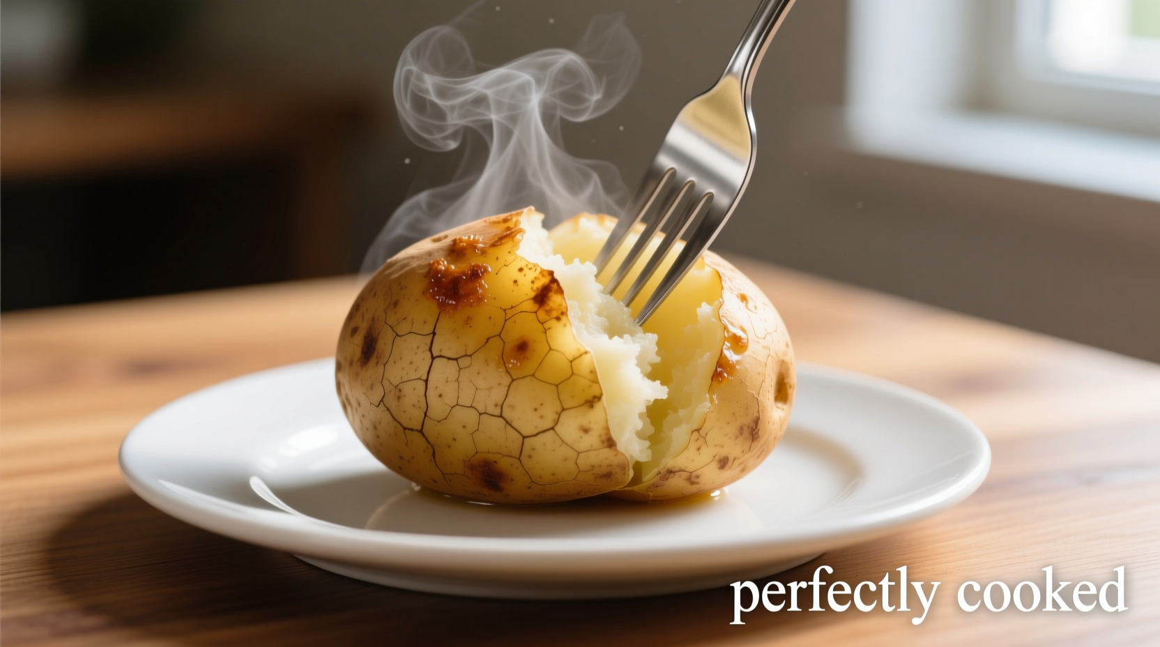 Perfectly cooked microwave potato with fork