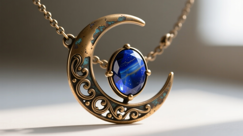 Close-up of oxidized brass darkmoon faire necklace featuring a crescent moon motif and a large, bezel-set lapis lazuli cabochon.