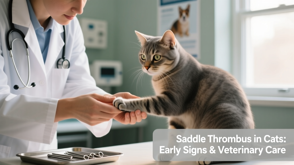Close-up of a veterinarian gently examining a cat's hind legs during a clinical assessment