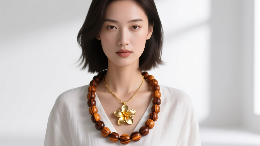 Woman wearing 16-inch koa wood bead necklace and 18-inch 14k gold plumeria pendant against white linen shirt in soft daylight
