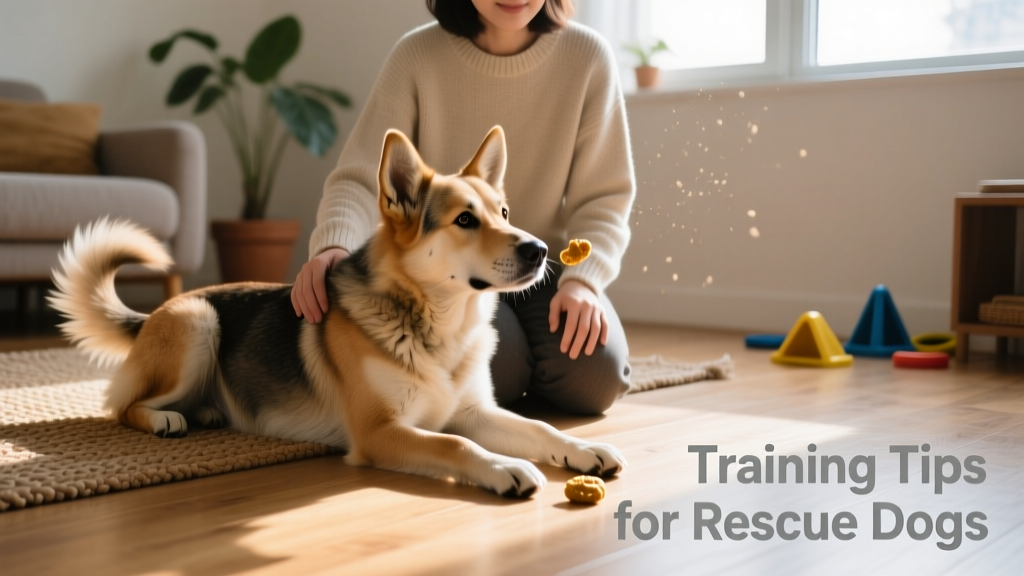 A relaxed rescue dog lying beside their owner on the floor during a quiet, focused training session with treats nearby