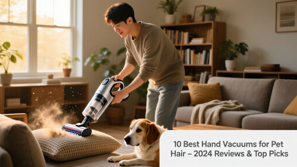 A person using a handheld vacuum to clean pet hair from a fabric sofa cushion