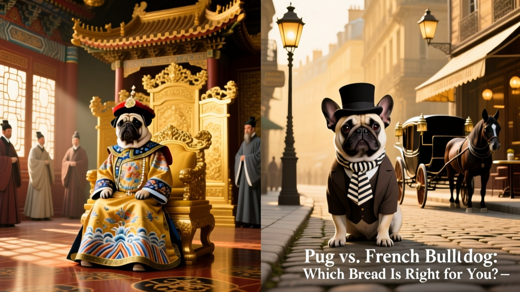 Historical illustration showing Pugs in imperial Chinese court and French Bulldogs in 19th-century Parisian streets