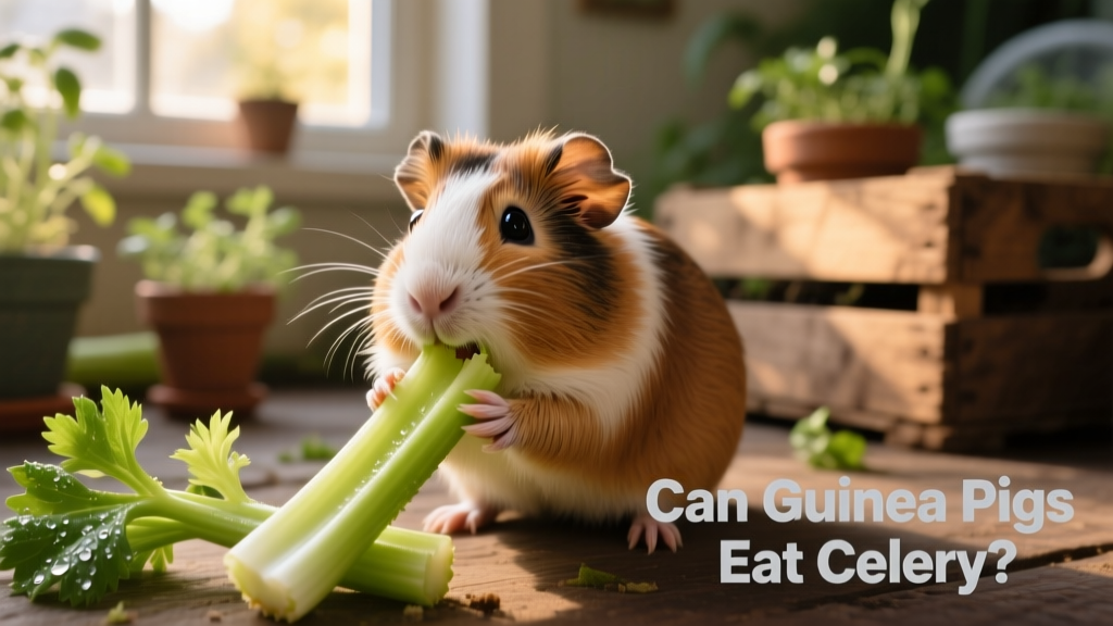 A guinea pig nibbling a small, freshly cut piece of celery stalk