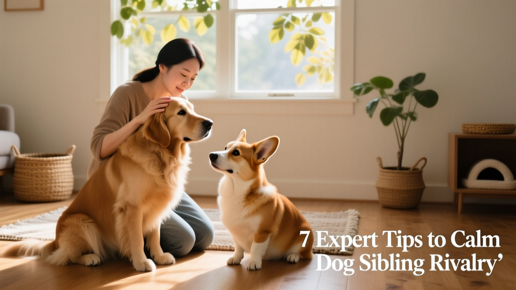 Owner kneeling beside one dog while gently stroking its head, with the second dog calmly sitting nearby