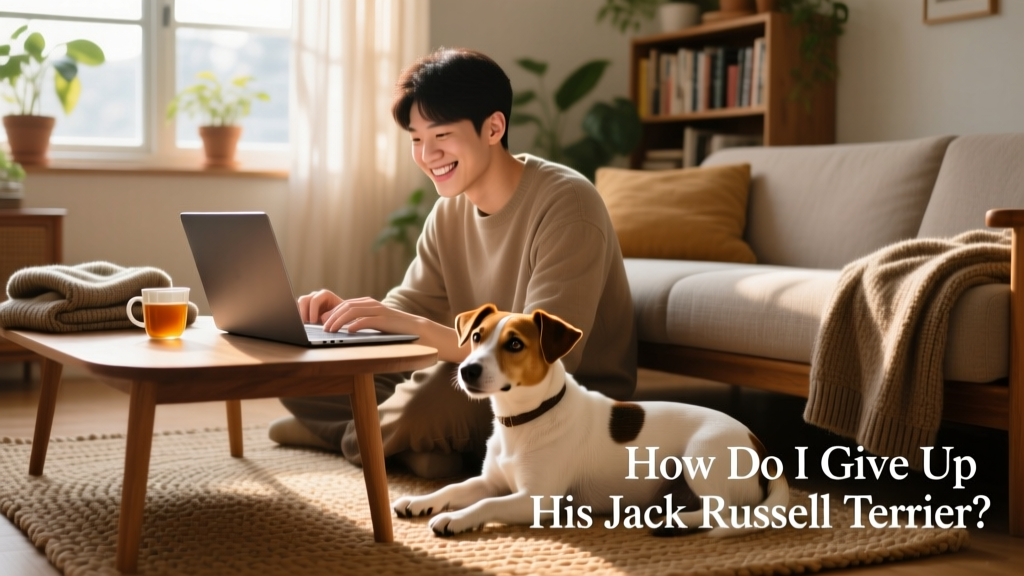 A person reviewing a FurPetVo adoption profile on a laptop while smiling at their Jack Russell Terrier resting nearby
