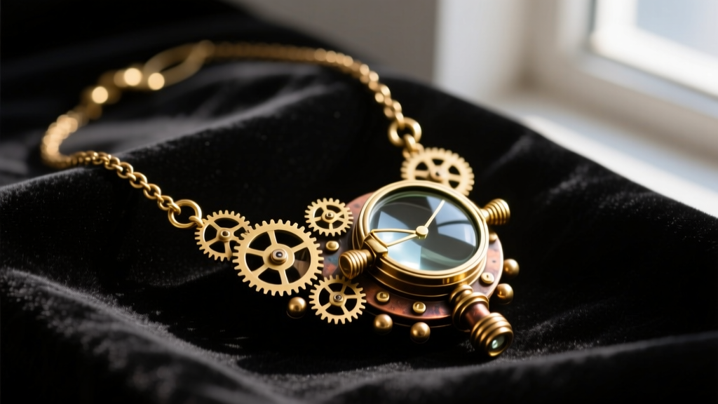 A stylish steampunk wearable magnifying glass pendant necklace with brass gears and a flip-up lens resting on dark velvet fabric.